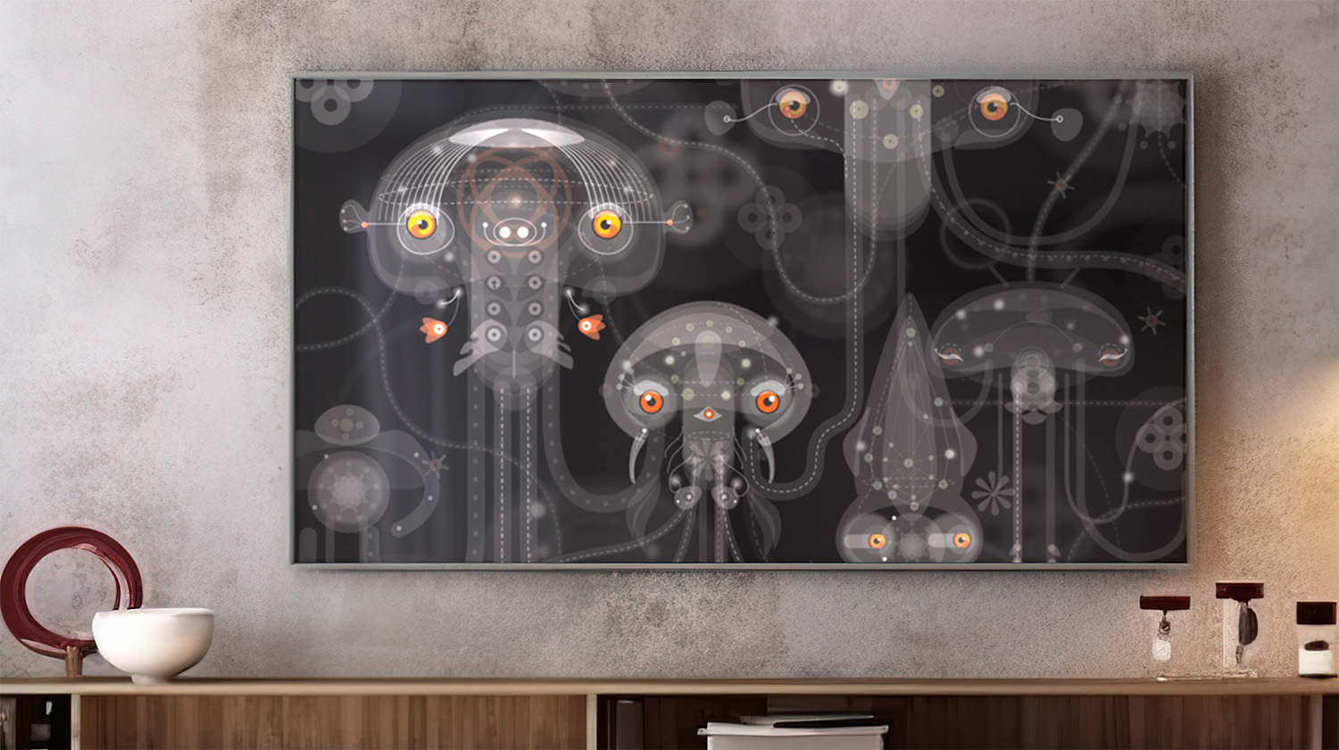 Original evo.space cosmic artwork displayed in a framed interior